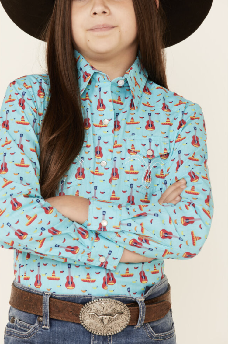 Panhandle Western Wear Girls Turquoise Guitar Snap Shirt