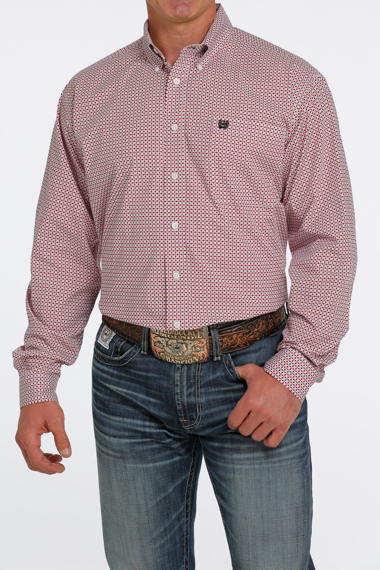 Cinch Button Down Print Shirt White Red