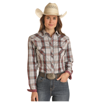 Panhandle Western Wear Ladies Tech Snap Shirt Burgundy
