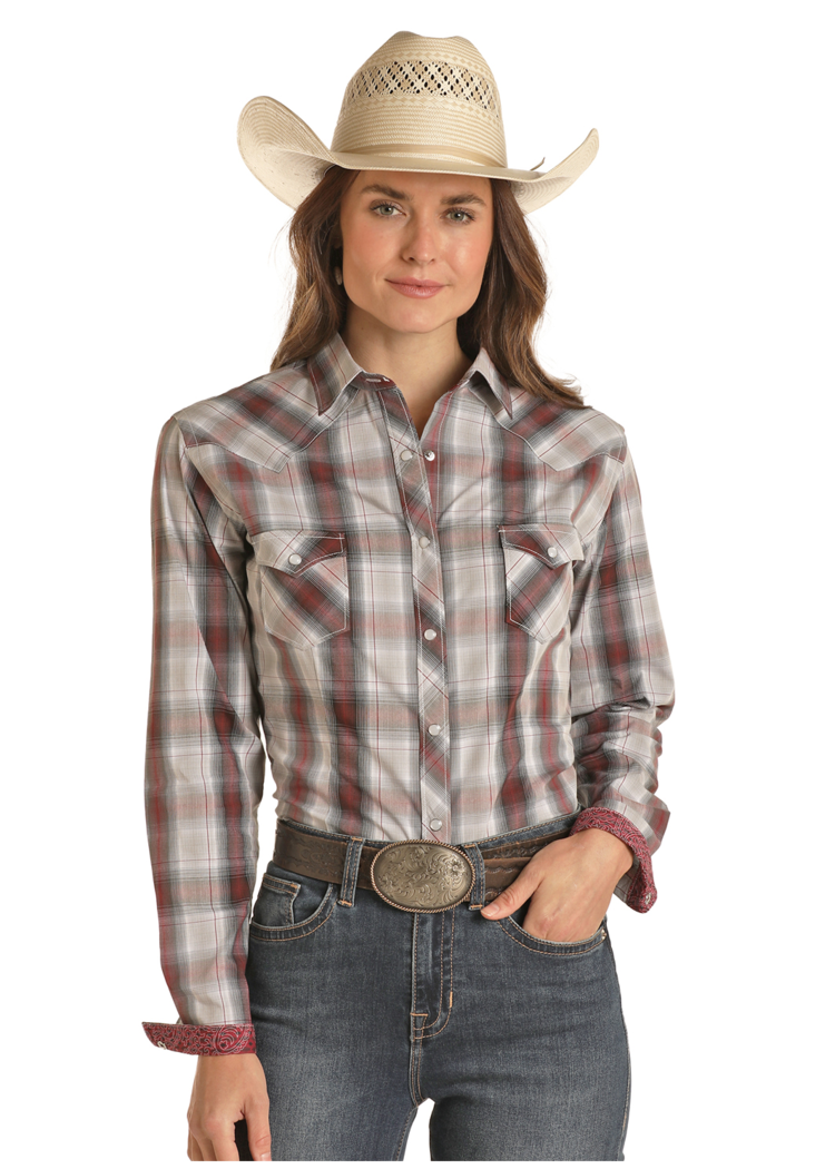 Panhandle Western Wear Ladies Tech Snap Shirt Burgundy