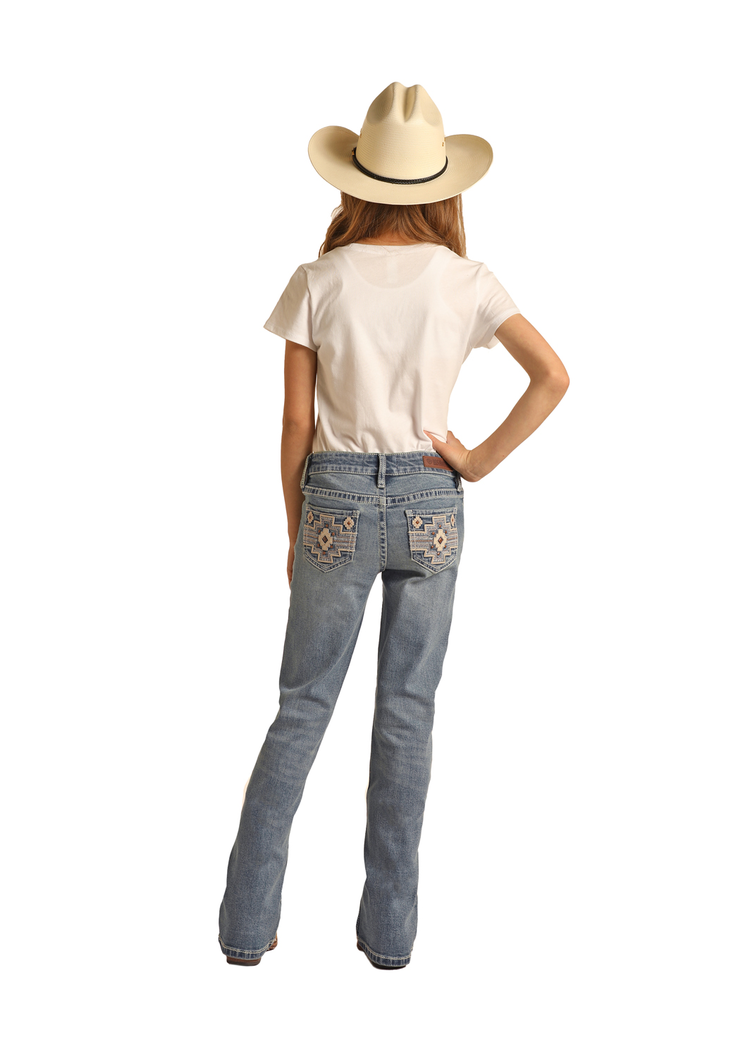 Rock & Roll Denim Girls Aztec Embroidered Mid Rise Bootcut Light Vintage