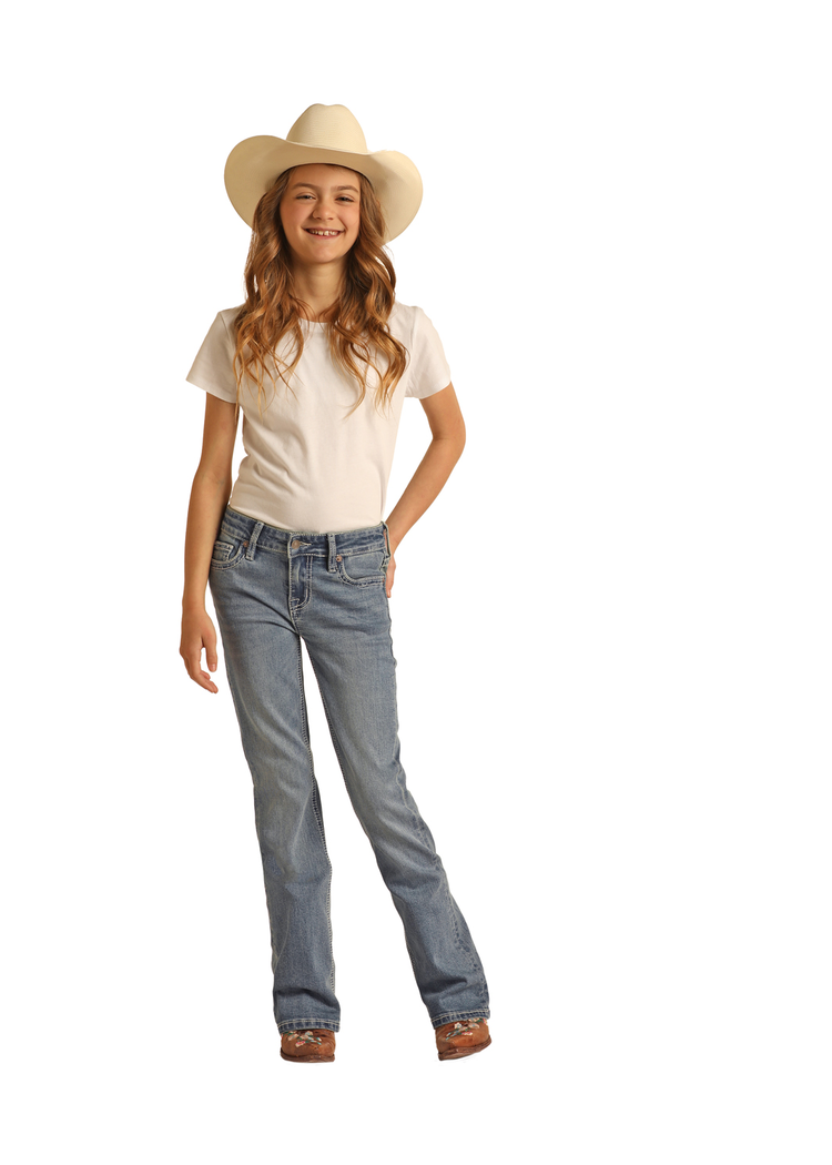 Rock & Roll Denim Girls Aztec Embroidered Mid Rise Bootcut Light Vintage