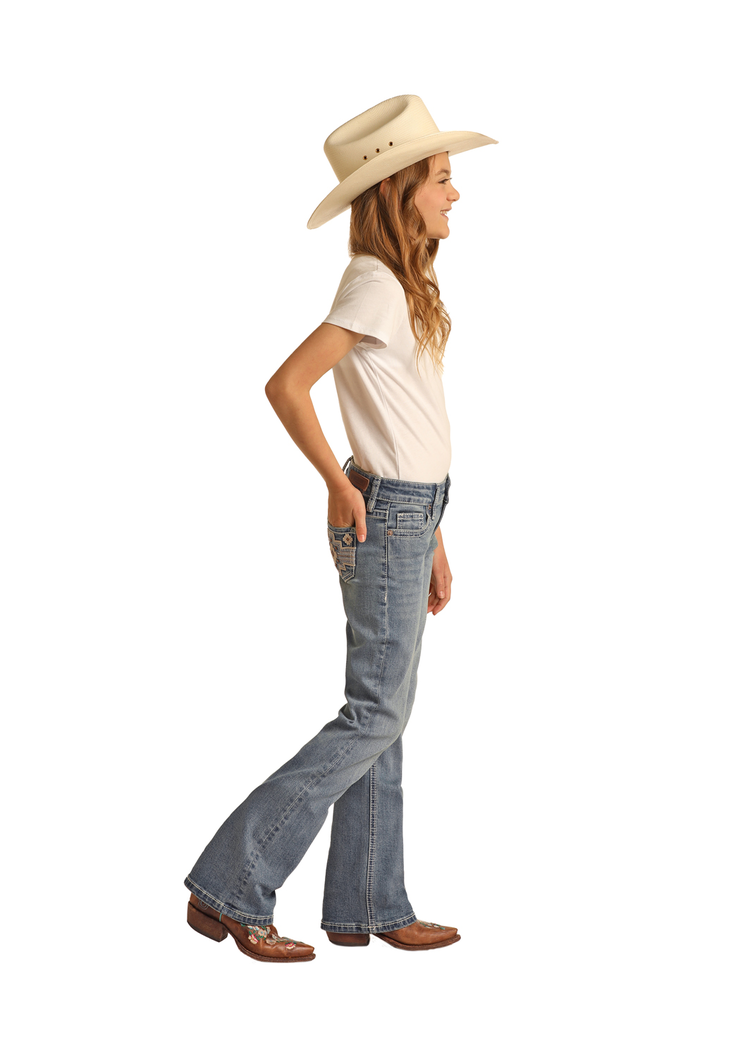 Rock & Roll Denim Girls Aztec Embroidered Mid Rise Bootcut Light Vintage