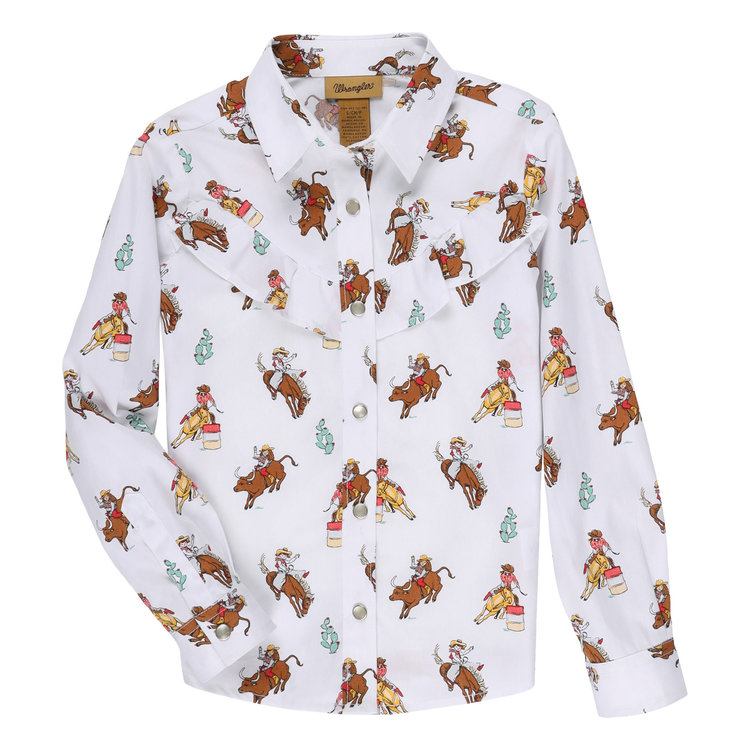 Wrangler Girl's Rodeo Print Snap Shirt White