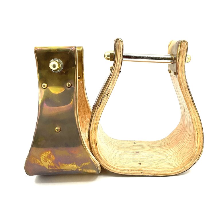 American Heritage Equine 4" Brass Wrapped Wood Bell Stirrups (Tarnished)