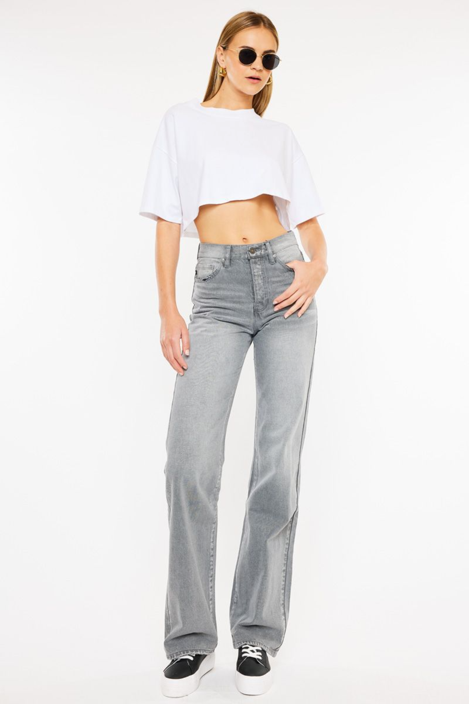 KANCAN Alessia Ultra High Rise 90s Flare Jeans - Light Grey