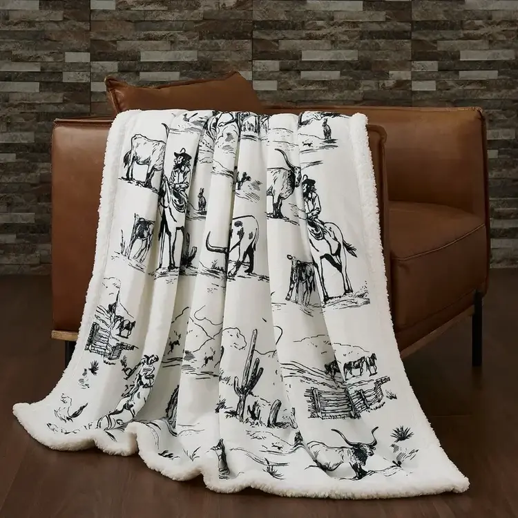 HiEnd Accents Ranch Life Western Toile Campfire Sherpa Throw Black