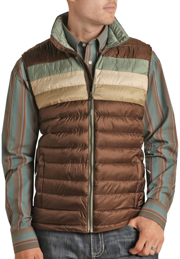 Rock & Roll Denim Brown Performance Puffer Vest Peacock