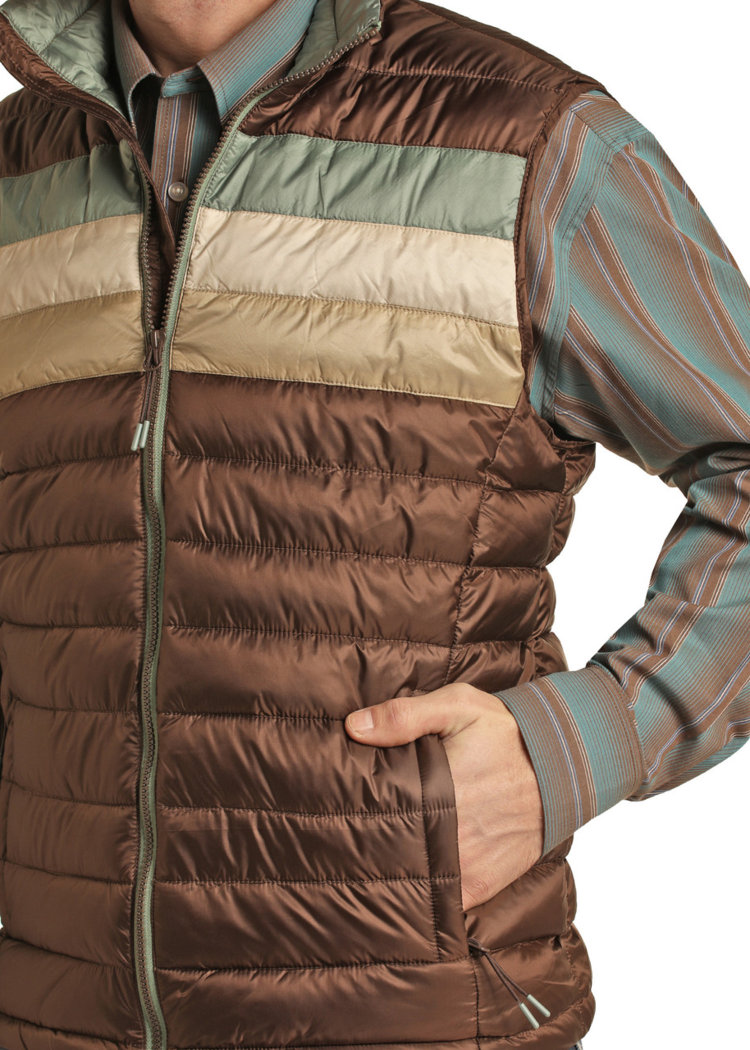 Rock & Roll Denim Brown Performance Puffer Vest Peacock