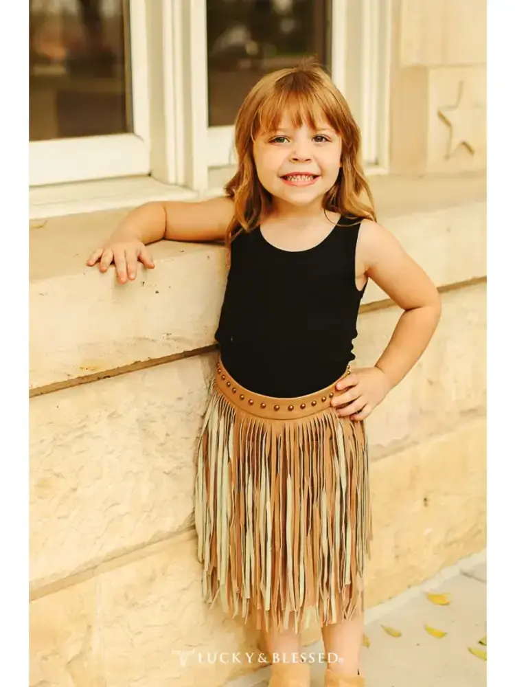 Girls Camel Leather Studded Two Tier Fringe Skirt