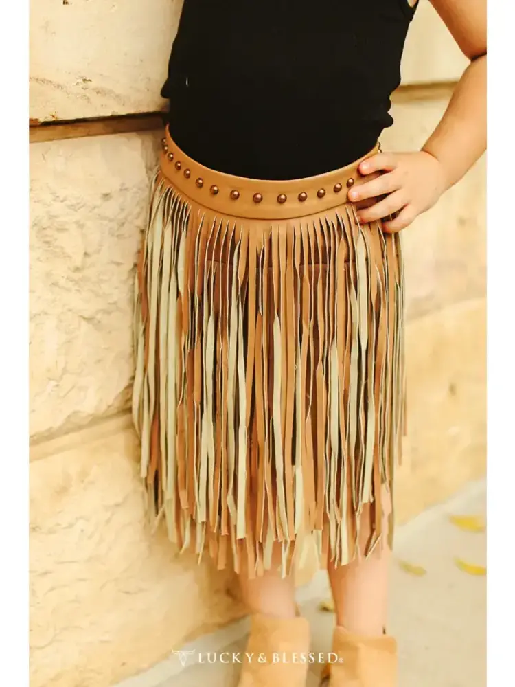 Girls Camel Leather Studded Two Tier Fringe Skirt