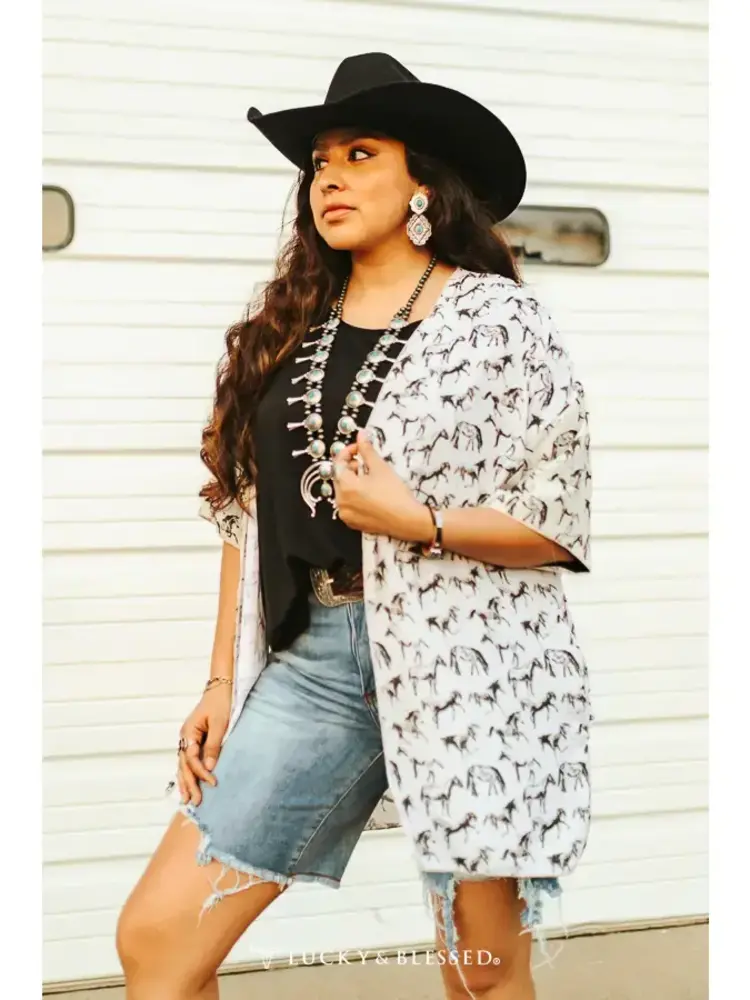 Ivory Running Horse Printed Kimono