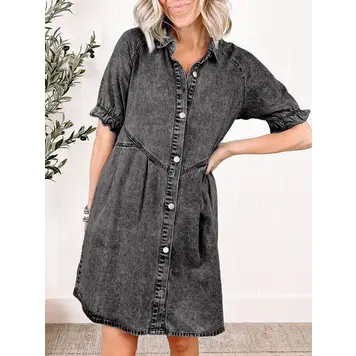 Mineral Wash Ruffled Short Sleeve Buttoned Denim Dress