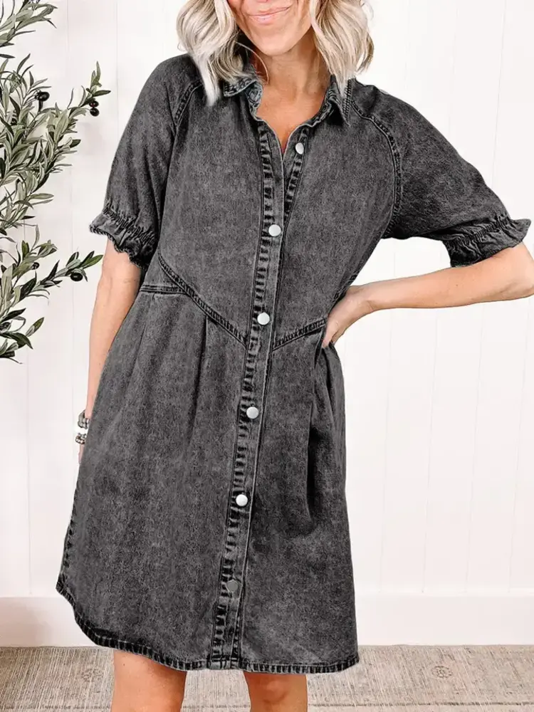 Mineral Wash Ruffled Short Sleeve Buttoned Denim Dress