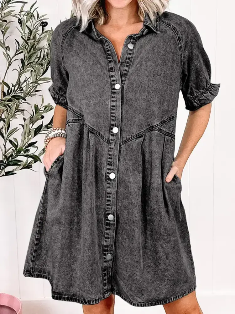 Mineral Wash Ruffled Short Sleeve Buttoned Denim Dress