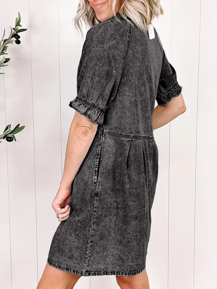 Mineral Wash Ruffled Short Sleeve Buttoned Denim Dress