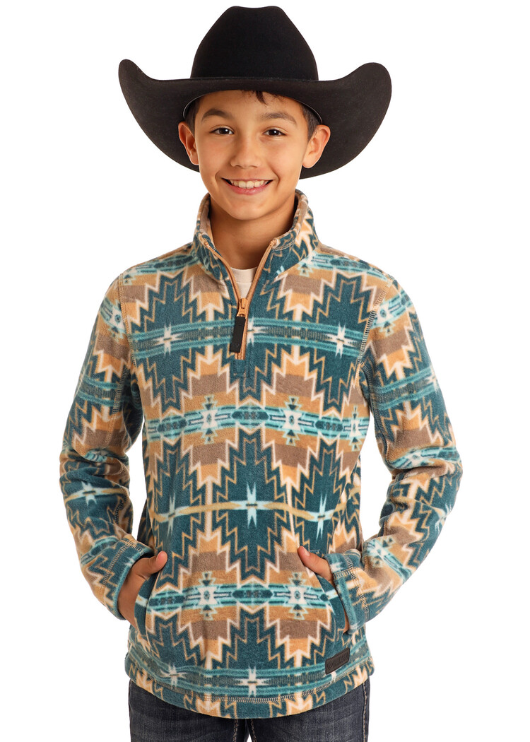 Rock & Roll Denim Youth Southwest Fleece Pullover Tan/Teal