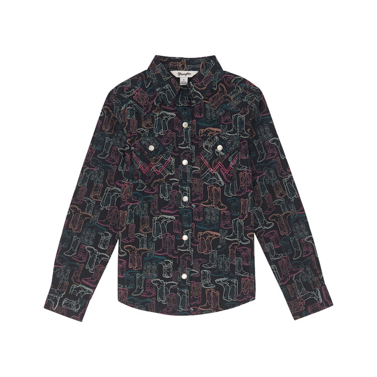 Wrangler Girls Boot Print Snap Shirt Black