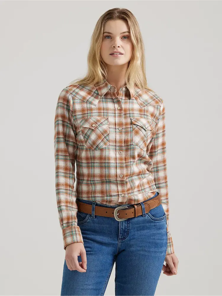 Wrangler Flannel Plaid Snap Pumpkin Moss Shirt