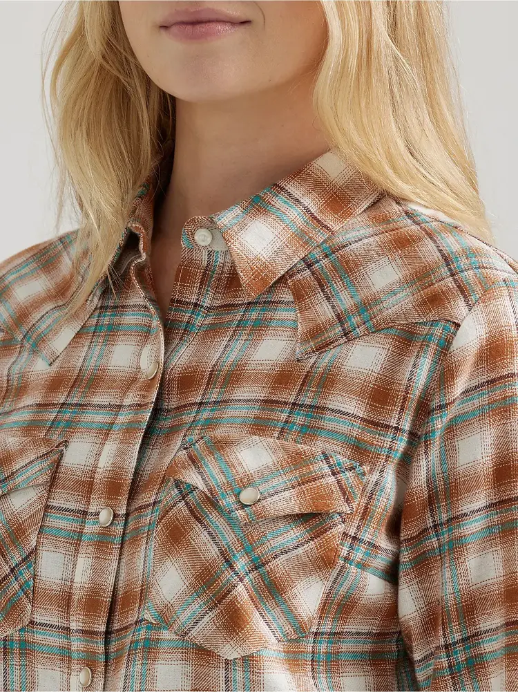 Wrangler Flannel Plaid Snap Pumpkin Moss Shirt