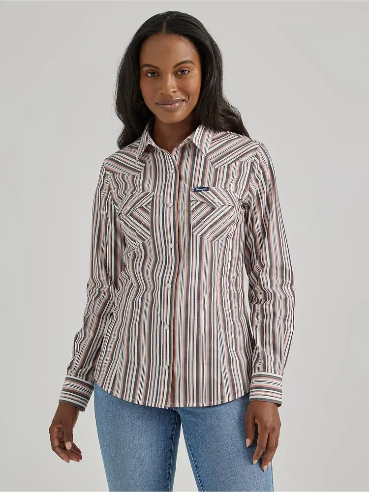 Wrangler Metallic Stripe Pink Grey Snap Shirt