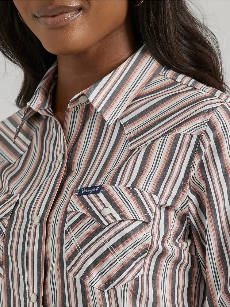 Wrangler Metallic Stripe Pink Grey Snap Shirt