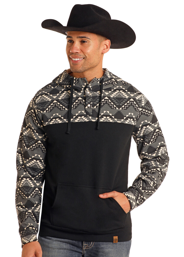 Rock & Roll Denim Color Block Aztec Hoodie Black