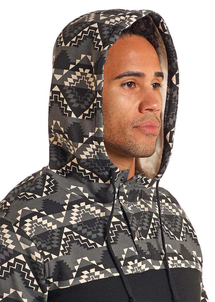 Rock & Roll Denim Color Block Aztec Hoodie Black