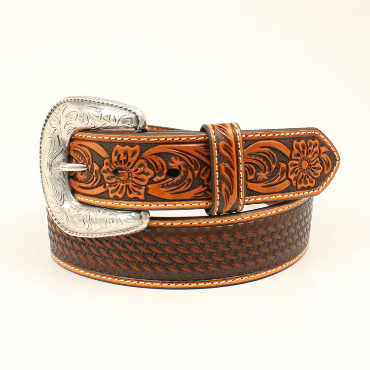 Ariat Accessories Basketweave Scroll and Flower Embossed Tabs Belt