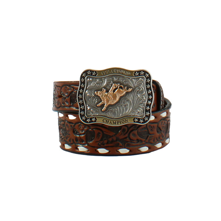 3D Belt Floral Tooled White Bucklace Belt with Bullrider Buckle