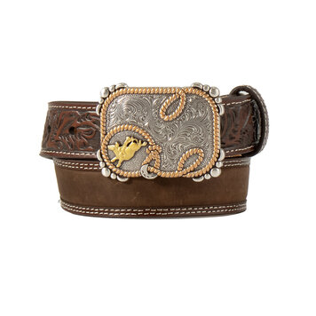 3D Belt Crazy Horse Leather Inlay Belt with Bull Rider and Rope Buckle