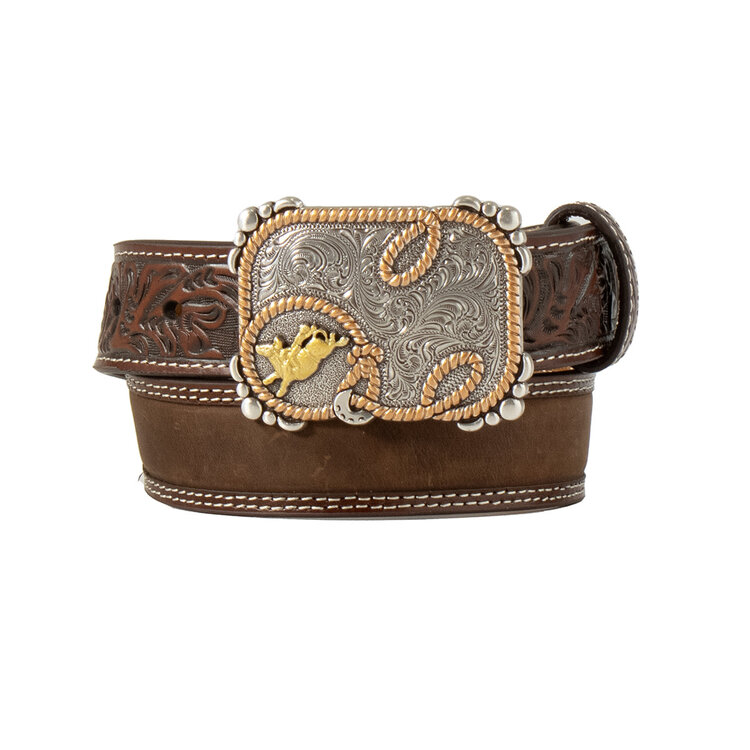 3D Belt Crazy Horse Leather Inlay Belt with Bull Rider and Rope Buckle