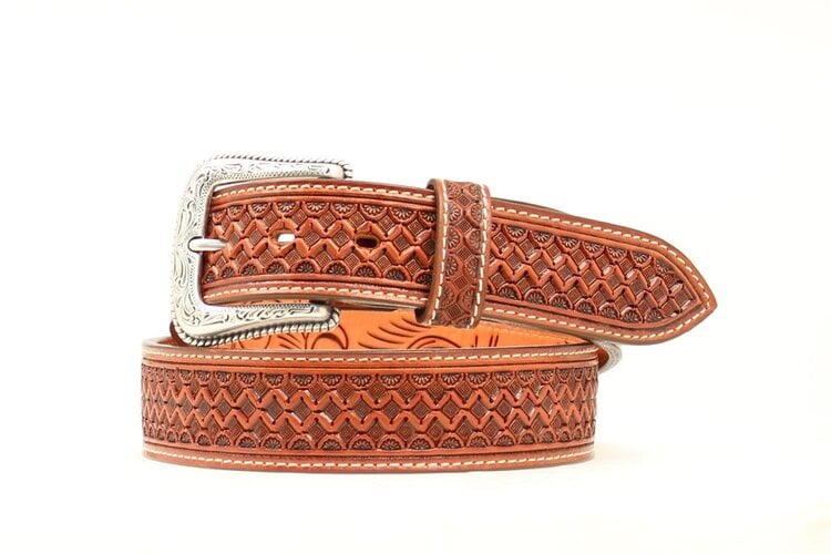Nocona Hand Tooled Criss Cross Tan Belt