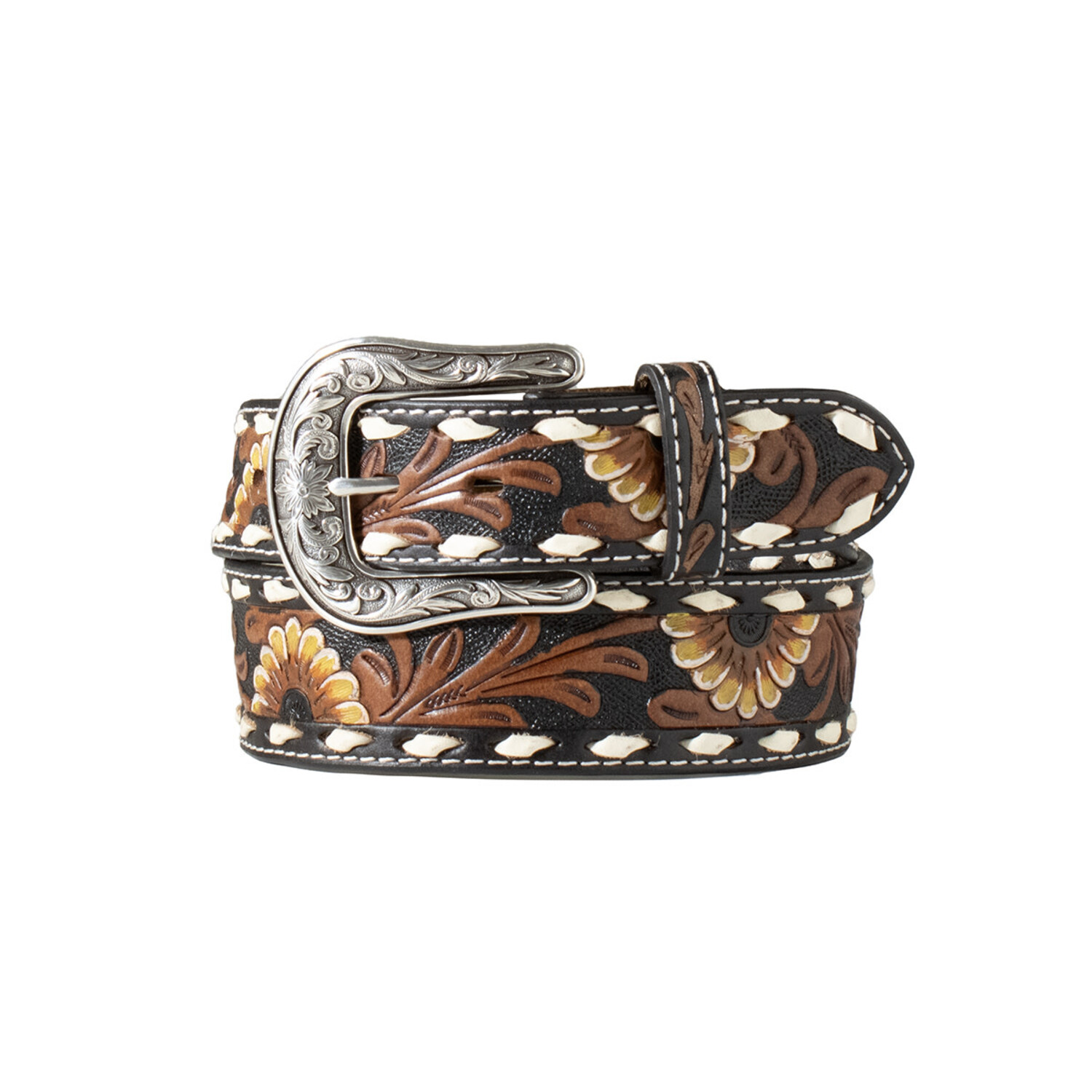 Nocona Hand Tooled Sunflower Buck Lace Black Belt - Frontier  display picture 1