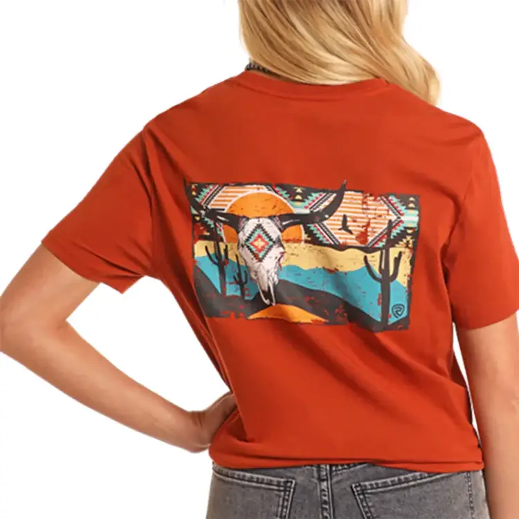 Rock & Roll Denim Back Skull Graphic Tee Rust