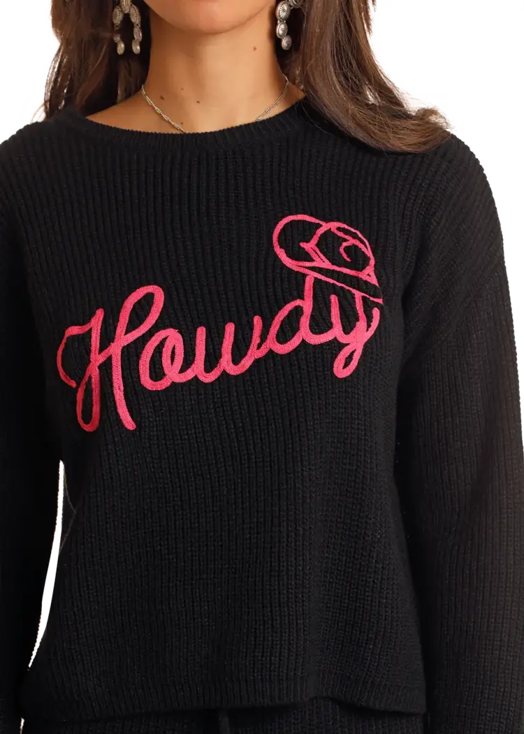 Rock & Roll Denim Howdy Sweater Black and Pink