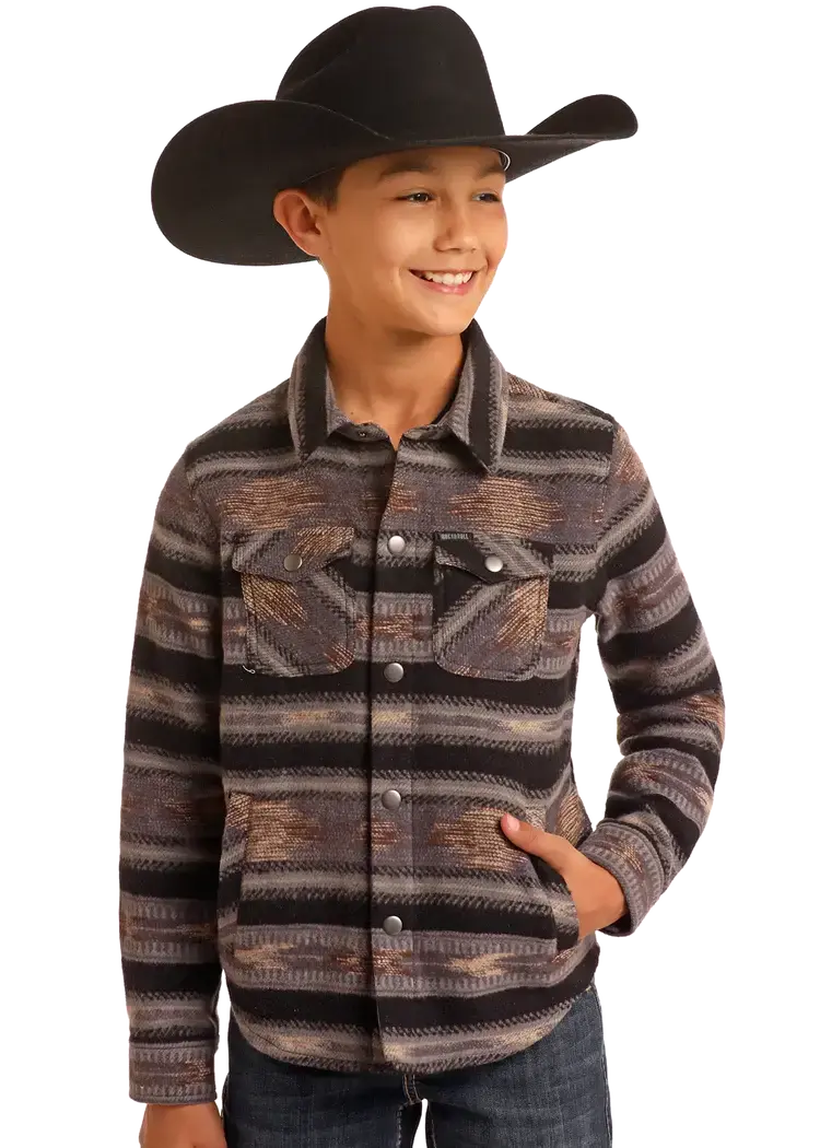 Rock & Roll Denim Youth Aztec Jacquard Shacket Black