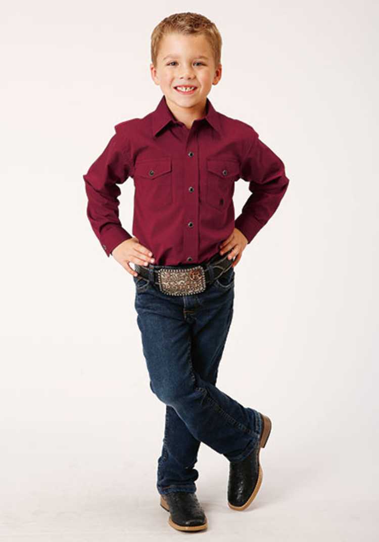 Roper Boys Black Fill Solid Shirt Wine