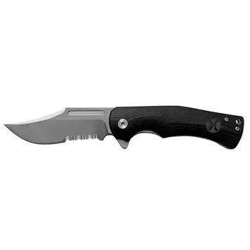 HOOey Black Micarta Clip Point Flipper Serrated Blade Knife