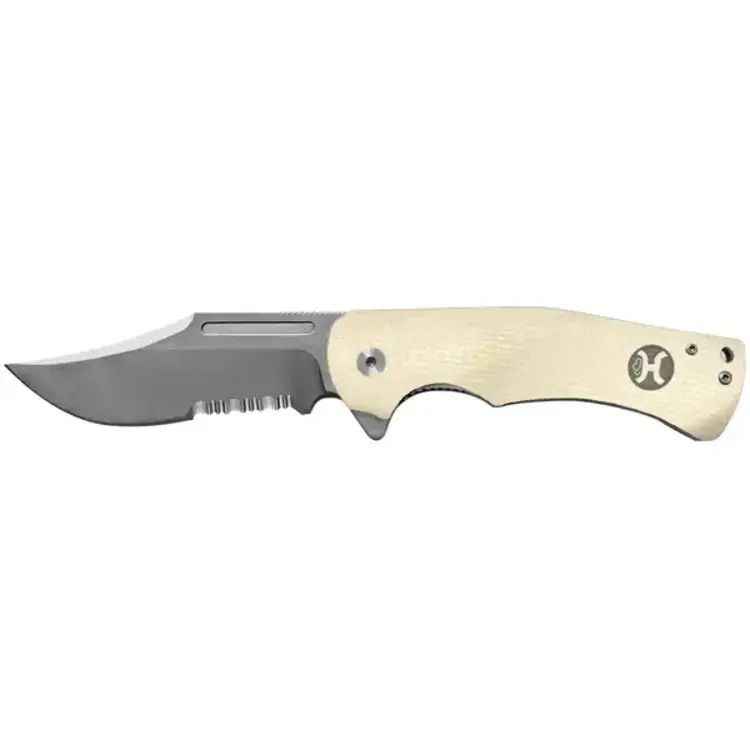 HOOey White G10 Clip Point Flipper Serrated Blade Knife