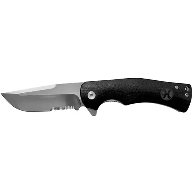 HOOey Black Micarta Drop Point Flipper Serrated Blade Knife