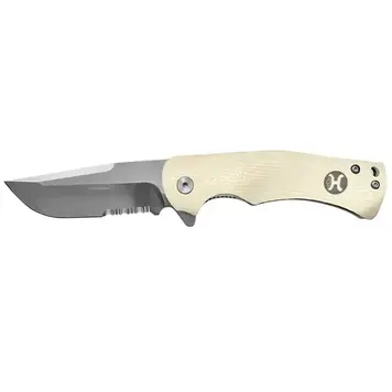 HOOey White G10 Drop Point Flipper Serrated Blade Knife