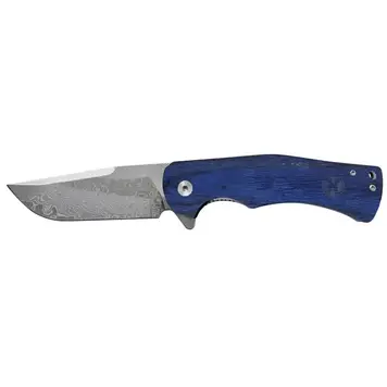HOOey Dyed Burlwood Damascus Drop Point Flipper Knife