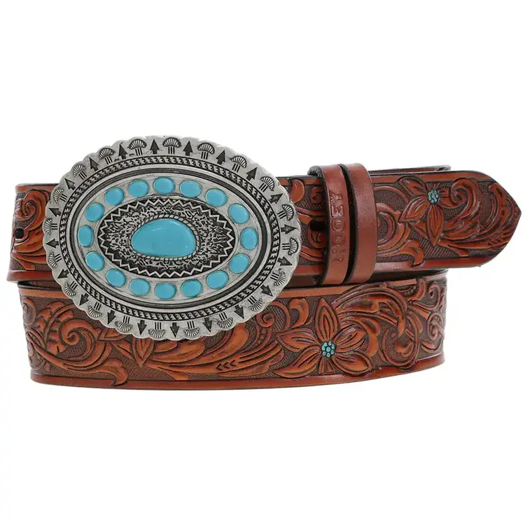 HOOey Medina Classic Hooey Ladies Belt Brown/Turquoise w/Turquoise Rodeo Buckle