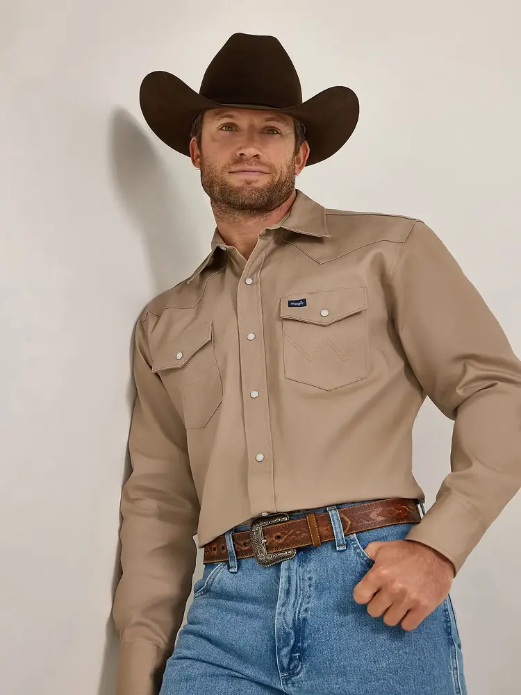 Wrangler Cowboy Cut Firm Finish Snap Work Shirt Khaki