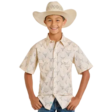 Rock & Roll Denim Longhorn Print Snap Tan