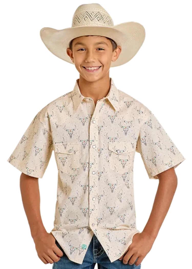 Rock & Roll Denim Longhorn Print Snap Tan