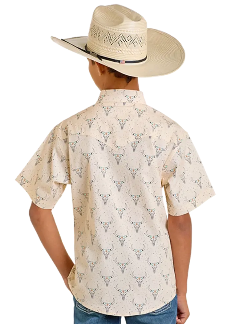 Rock & Roll Denim Longhorn Print Snap Tan