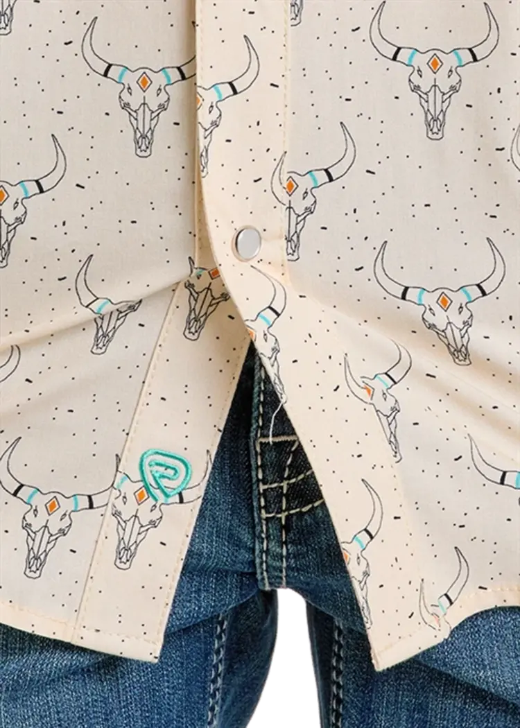 Rock & Roll Denim Longhorn Print Snap Tan