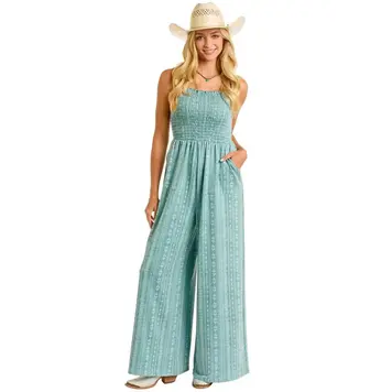 Rock & Roll Denim Smocked Jumpsuit Jade